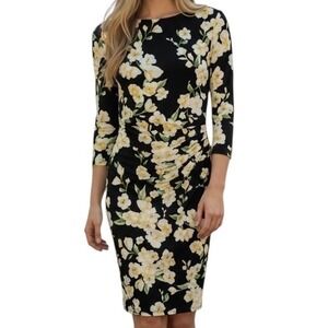 Ralph Lauren Black Yellow White Floral Print Ruched Sheath Dress Size 2